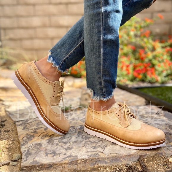 Vegan Leather Camel Wing Tip White Sole Oxfords - Picture 2 of 7